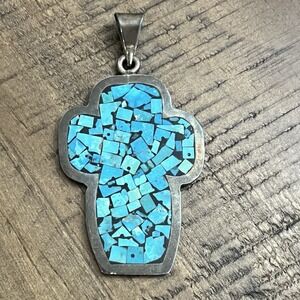 Taxco Mexico Sterling Silver Turquoise Chips Inlay Cross Pendant 925 VTG 1.5x2.7